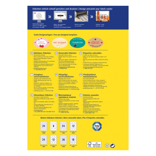 A kép egy Avery nyomtatási címkék promóciós grafikája, amely útmutatást tartalmaz a címkék tervezéséhez és nyomtatásához. Többnyelvű részeket tartalmaz, amelyek különféle típusú címkék leírását, felhasználási módjait és elérhetőségi adatokat tartalmaznak.