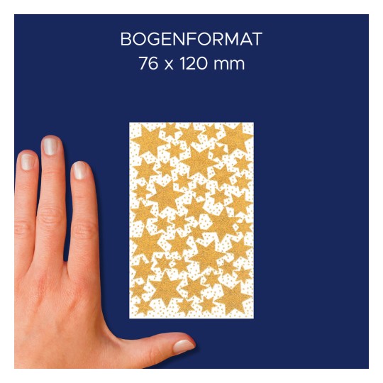 A képen egy kéz látható, amely egy fehér alapon sok aranycsillaggal díszített papírlapot tart. A papír mérete 76 x 120 mm, felette pedig a 'BOGENFORMAT' szó olvasható.