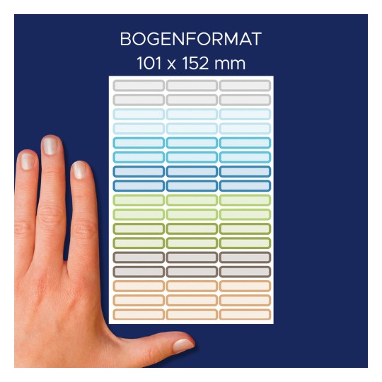 A képen tégla alakú címkék színes rácsa látható sötétkék háttéren, valamint egy kéz méretarányként. A megadott méretek: 101 x 152 mm.