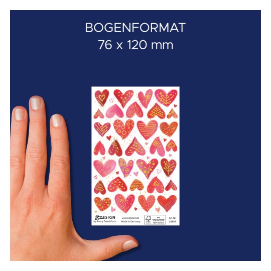 A kép egy kezet mutat, amely különböző árnyalatú rózsaszín és piros dekoratív szívmatricákat tartalmazó ívet tart. Az ív mérete 76 x 120 mm, és további termékinformációk láthatók alul.