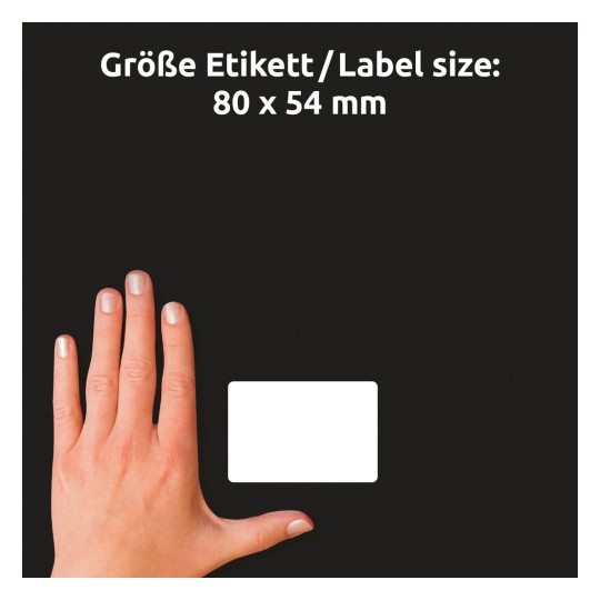 Méret-összehasonlítás kézzel, Cikkszám: 51063, egy ív névcímke, Méret: 80 x 54 mm, Szín: Fehér