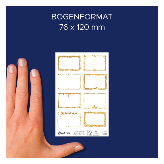 Képméret összehasonlítás kézzel, cikk: 52096, egy ív karácsonyi matrica, méret: 52 x 33 mm, szín: fehér, arany?