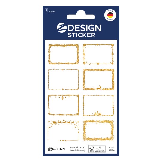 Csomagolási ábra: Z-Design, Cikkszám: 52096, Karácsonyi matrica, 52 x 33 mm, Kis csomagolás, 8 matrica / 1 ív