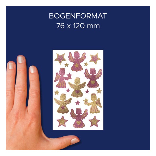 A képen egy kéz látható, amely egy matricás ívet tart, rajta különböző angyal és csillag minták rózsaszín és arany színekben. Az ív méretei 76 x 120 mm, sötétkék háttérrel.