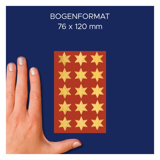 A kép egy kezet ábrázol egy lap mellett, amelyen több arany csillag látható piros háttérrel, a méretek pedig 76 x 120 mm-ként vannak feltüntetve felette.