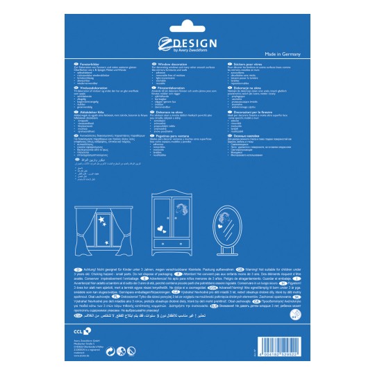 A kép az Avery Zweckform ablakdíszítő matricáinak termékcsomagolási címkéje, amely többnyelvű útmutatókat és figyelmeztetéseket tartalmaz. Díszített bútorok illusztrációit is tartalmazza, és hangsúlyozza a gyermekek biztonságát.