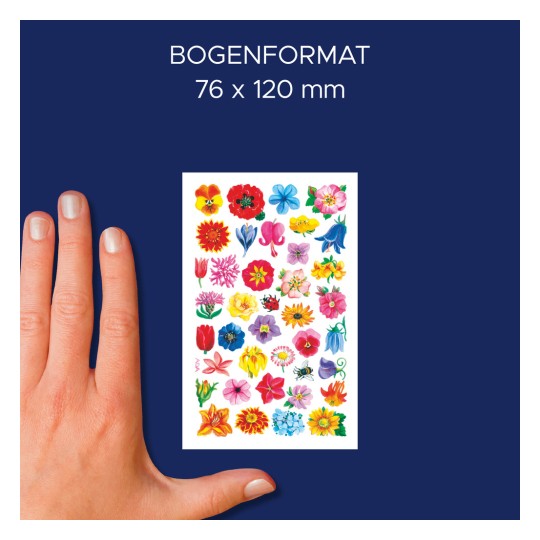 Méretösszehasonlítás kézzel, cikkszám: 54304, egy ív virágmatrica, méret: 85 x 160 mm, szín: színes?