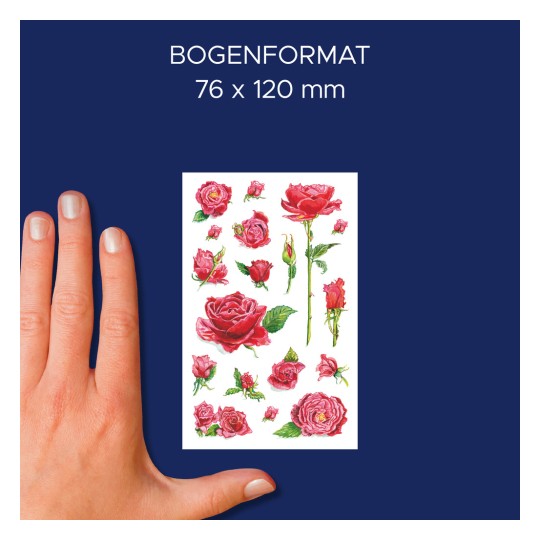 A kép egy kézben tartott lapot ábrázol, amelyen különböző rózsaillusztrációk láthatók kék háttérrel. A lap méretei 76 x 120 mm.
