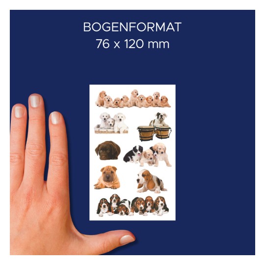 A képen egy, különböző kölyökkutyák és kutyák képeit tartalmazó lap látható, egy kéz méretarányként szolgál. A címke 'BOGENFORMAT' és a méretek '76 x 120 mm.'