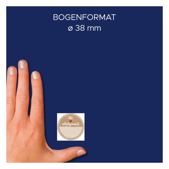Méret-összehasonlítás kézzel, cikk: 56818, egy ív matrica tekercsben, méret: ⌀ 38 mm, szín: színes.
