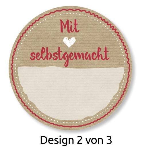 A kép egy kerek címkét ábrázol texturált háttérrel. A tetején rózsaszín betűkkel a 'Mit ♥ selbstgemacht' felirat látható, alatta egy üres hely a testreszabásra. Az alján ez áll: 'Design 2 von 3'.