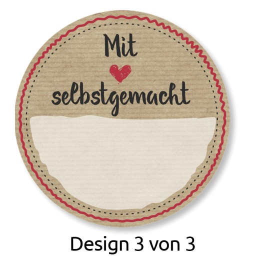 A képen egy kör alakú címke látható rusztikus dizájnnal. A szöveg ezt mondja: 'Mit ❤️ selbstgemacht' (Saját készítés ❤️) és tartalmaz egy üres részt írásra. A címkézése 'Design 3 von 3.'