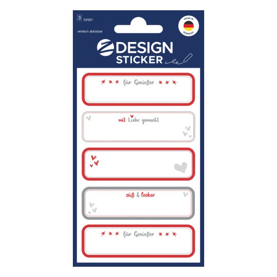 Csomagoláskép: Z-Design, Cikk: 59187, Háztartási címkék, 85 x 160 mm, Kis csomagolás, 15 matrica / 3 ív.