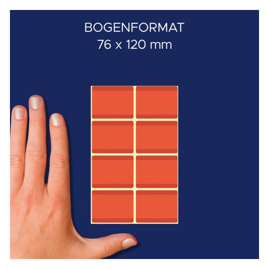 A képen egy kéz látható egy lapon elhelyezett narancssárga címkék mellett, amelyek négyzetrács szerkezetben vannak, felül pedig a 76 x 120 mm méretek vannak feltüntetve.