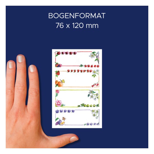 A kép egy színes lapot ábrázol, amelynek dekoratív szélei gyümölcsöket és virágokat ábrázolnak, a méretek pedig 76 x 120 mm-ként vannak feltüntetve. Egy kéz látszik a méretezéshez.