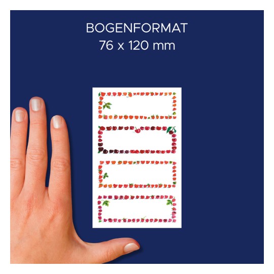 A kép egy kezet mutat, amely egy kártyát tart, amelynek szélein színes gyümölcs-illusztrációk vannak, és a következő felirat látható rajta: 'BOGENFORMAT 76 x 120 mm'.