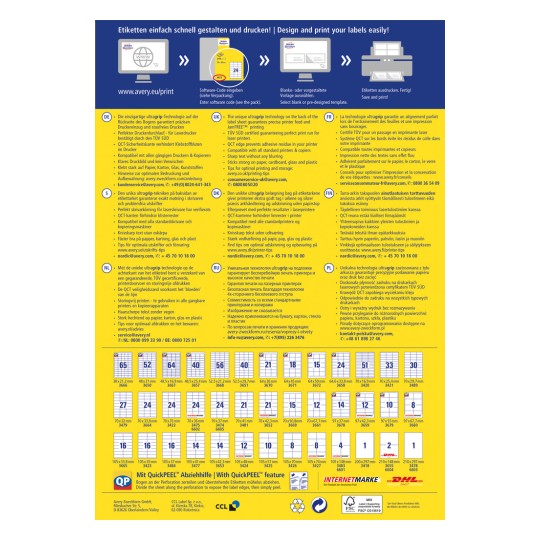 Egy információs grafika a címkenyomtatási technológiáról és az Avery által kínált lehetőségekről, részletezve a funkciókat, kompatibilitást és használati tippeket több nyelven.