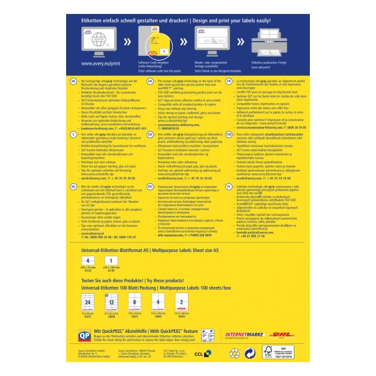 A kép egy információs grafika az Avery címkenyomtató termékeiről, amely különféle nyelvű útmutatásokat, termék specifikációkat és tervezési tippeket tartalmaz a címkék hatékony nyomtatásához.