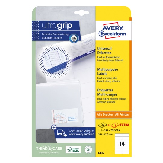 Csomagolás képe: Avery Zweckform univerzális címkék, állandó tapadású, cikk: 6136, méret: 105 x 42,3 mm, nyomtatási alkalmasság: tintasugaras, lézer fekete/fehér, színes lézer, tartalom: 420 címke / 30 ív, 14 címke/ív.
