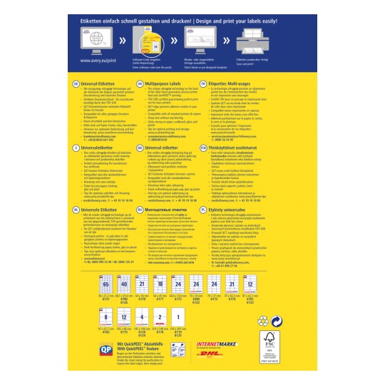 A kép több nyelven tartalmaz információkat az univerzális címkékről, részletezve a nyomtatási technológiát, a kompatibilitást és a használati tippeket. Tartalmaz specifikációkat és sablonokat különböző címkeméretekhez.
