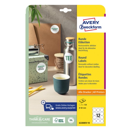 Csomagolási kép: Avery Zweckform kerek címkék, cikk: 6226REV-10, méret: ⌀ 60 mm, nyomtatási alkalmasság: tintasugaras, fekete-fehér lézer, színes lézer, tartalom: 120 címke / 10 lap, 12 címke/lap.