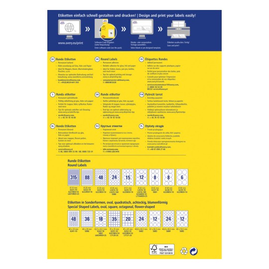 A kép egy többnyelvű útmutató a címkék tervezéséhez és nyomtatásához, amely információkat tartalmaz kerek címkékről, ragasztó típusokról, valamint támogatási elérhetőségekről különböző országokban. Különböző címkeformák és -méretek elrendezéseit is tartalmazza.