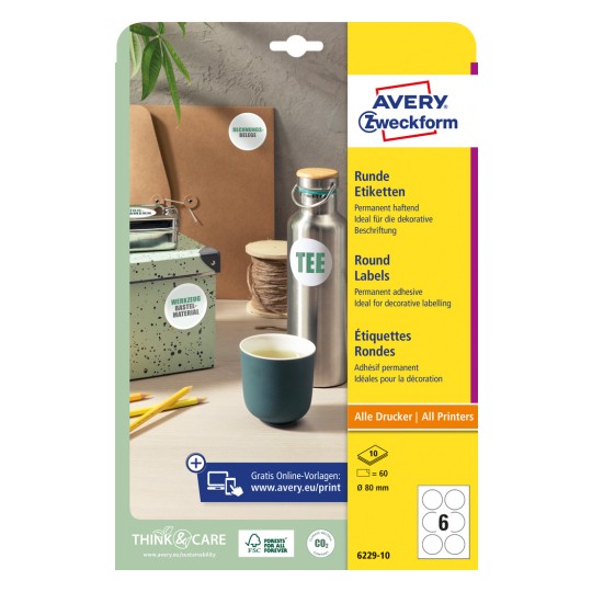Csomagolási ábra: Avery Zweckform Kör alakú címkék, Cikkszám: 6229-10, Méret: ⌀ 80 mm, Nyomtatási alkalmasság: Inkjet, fekete-fehér lézernyomtató, színes lézernyomtató, Tartalom: 60 címke / 10 ív, 6 címke/ív.