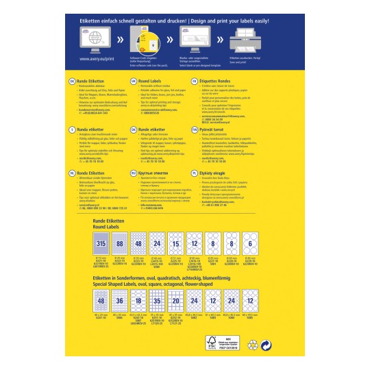 Ez a kép tartalmaz információkat az Avery különféle típusú címkéinek tervezéséről és nyomtatásáról. Bemutat kerek címkéket és speciális formájú címkéket, megadva a méreteket és a termékkódokat, valamint tippeket a optimális nyomtatáshoz és használathoz több nyelven.