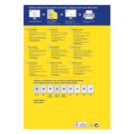 A kép egy címke tervezési útmutatót mutat az Avery-től, amely különböző típusú címkéket tartalmaz, beleértve az ovális, négyzet alakú, nyolcszögletű és virág alakú címkéket, valamint több nyelven nyomtatási utasításokat.