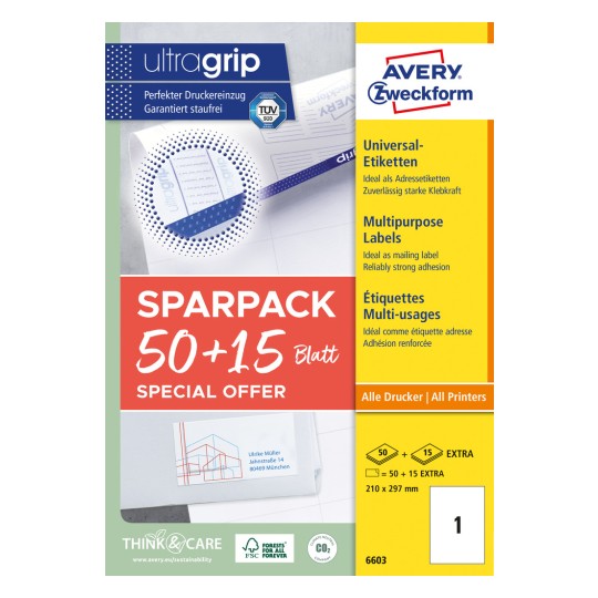 Csomagoláskép: Avery Zweckform univerzális címkék, tartós tapadású, Cikkszám: 6603, Méret: 210 x 297 mm, Nyomtathatóság: tintasugaras nyomtató, lézer nyomtató fekete-fehér, színes lézer, Tartalom: 65 címke / 65 ív, 1 címke/ív?