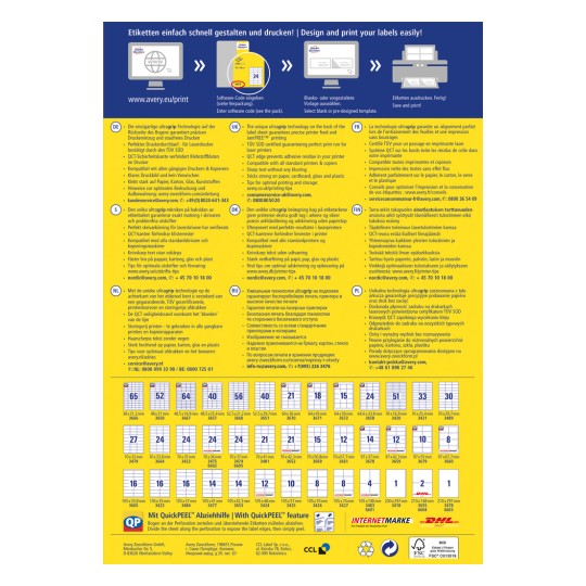Ez a kép információkat tartalmaz a címkék tervezéséről és nyomtatásáról, különböző nyelveken, optimális nyomtatási tippekkel, valamint az Avery által megadott címkeméretek és specifikációk listájával.