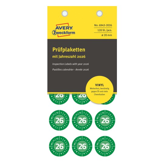 Csomagolás képe: Avery Zweckform Non A4 ellenőrző címkék, Cikkszám: 6943-2026, Méret: ⌀ 20 mm, Tartalom: 120 ellenőrző címke / 8 ív, 15 ellenőrző címke/ív