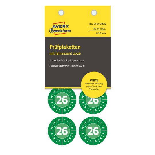 Csomagolás ábrája: Avery Zweckform Non A4 vizsgálati címkék, cikk: 6944-2026, méret: ⌀ 30 mm, tartalom: 80 vizsgálati címke / 10 lap, 8 vizsgálati címke/lap