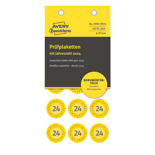 Csomagoláskép: Avery Zweckform nem A4-es ellenőrző címkék, cikkszám: 6945-2024, méret: ⌀ 20 mm, tartalom: 120 ellenőrző címke / 8 ív, 15 ellenőrző címke/ív.