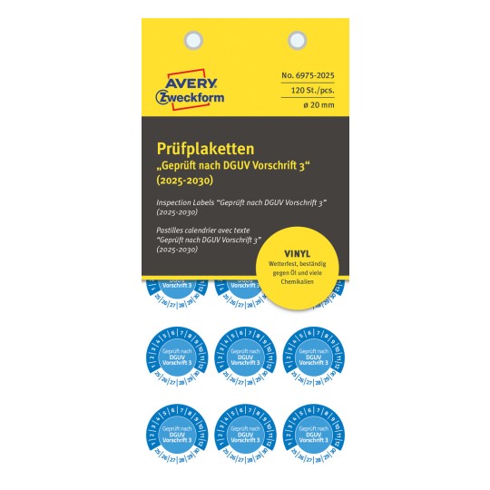 Csomagolási kép: Avery Zweckform Non A4 vizsgálati címkék, Cikk: 6975-2025, Méret: ⌀ 20 mm, Tartalom: 120 vizsgálati címke / 8 ív, 15 vizsgálati címke/ív?