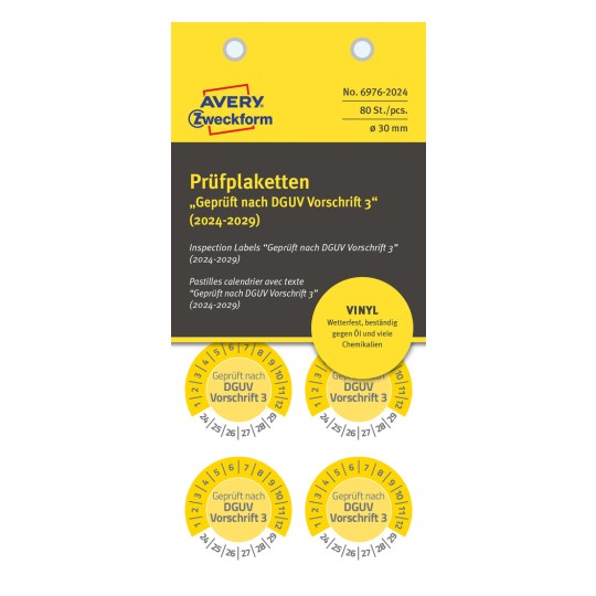 Csomagolás képe: Avery Zweckform nem A4 méretű vizsgáló címkék, Cikkszám: 6976-2024, Méret: ⌀ 30 mm, Tartalom: 80 vizsgáló címke / 10 lap, 8 vizsgáló címke/lap?