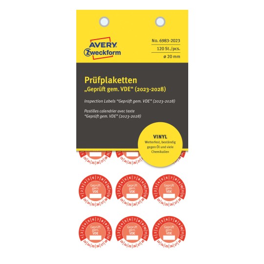 Csomagolás képe: Avery Zweckform nem A4-es ellenőrző matricák, cikk: 6983-2023, méret: ⌀ 20 mm, tartalom: 120 ellenőrző matrica / 8 ív, 15 ellenőrző matrica/ív.