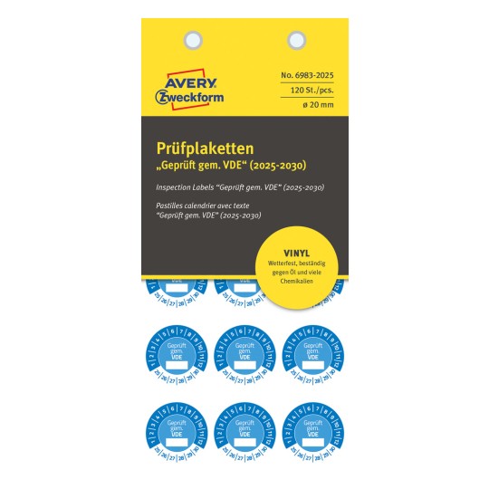 Csomagolás képe: Avery Zweckform nem A4-es ellenőrző címkék, cikk: 6983-2025, formátum: ⌀ 20 mm, tartalom: 120 ellenőrző címke / 8 lap, 15 ellenőrző címke/lap.
