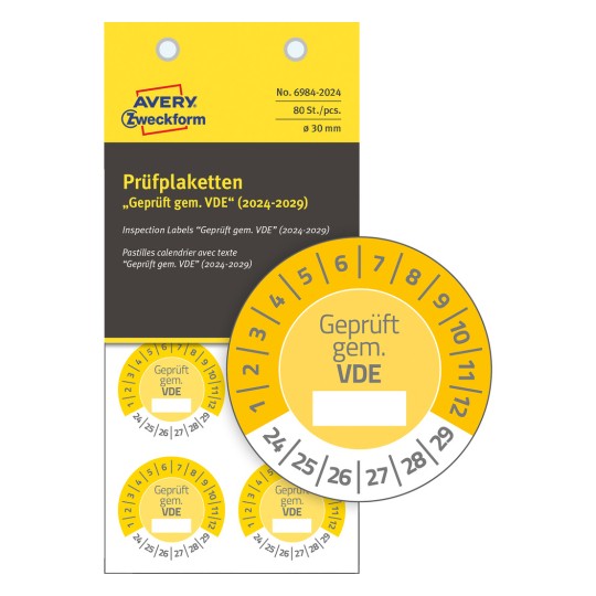 Csomagolás ábra vizsgálati matricával: Avery Zweckform vizsgálati matricák, cikk: 6984-2024, méret: ⌀ 30 mm, tartalom: 80 vizsgálati matrica / 10 ív, 8 vizsgálati matrica/ív?
