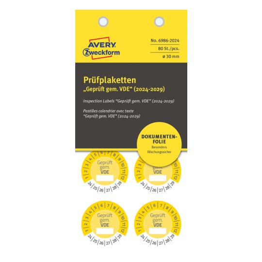 Csomagoláskép: Avery Zweckform nem A4-es vizsgálati címkék, cikk: 6986-2024, méret: ⌀ 30 mm, tartalom: 80 vizsgálati címke / 10 ív, 8 vizsgálati címke/ív.