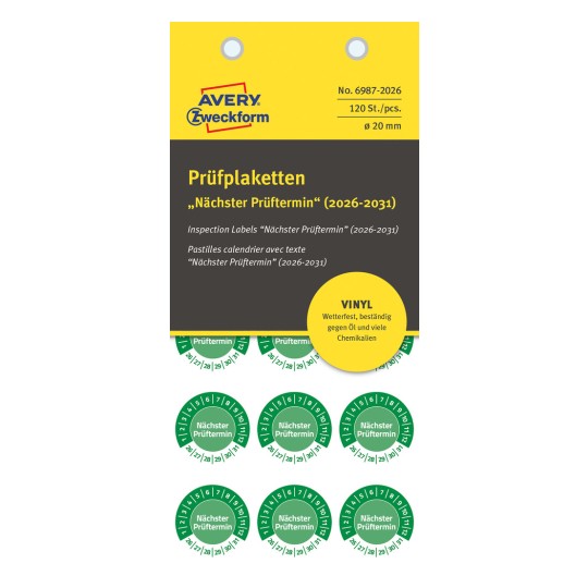 Csomagolási kép: Avery Zweckform nem A4-es ellenőrző címkék, Cikkszám: 6987-2026, Méret: ⌀ 20 mm, Tartalom: 120 ellenőrző címke / 8 lap, 15 ellenőrző címke/lap.