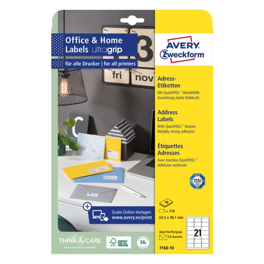 Csomagolási kép: Avery Zweckform Fehér címkék lézernyomtatókhoz, Cikkszám: 7160-10, Méret: 63,5 x 38,1 mm, Nyomtatókompatibilitás: Tintasugaras, Lézer fekete/fehér, Színes lézer, Tartalom: 210 címke / 10 ív, 21 címke/ív.