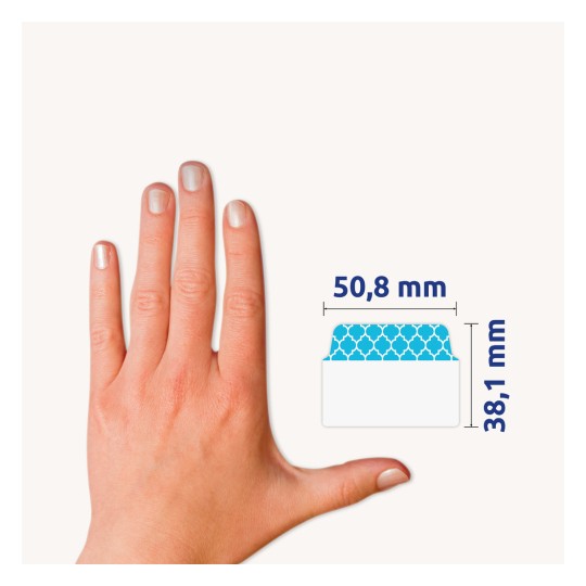 Méretösszehasonlítás kézzel, Cikkszám: 74774, egy ív öntapadós csík, Méret: 50,8 x 38,1 mm, Szín: kék, zöld, rózsaszín.