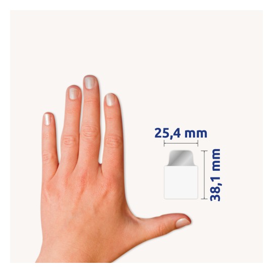 Méret-összehasonlítás kézzel, Cikkszám: 74785, egy ív öntapadó csík, Méret: 25,4 x 38,1 mm, Szín: Arany, Rózsaarany, Ezüst, Réz.
