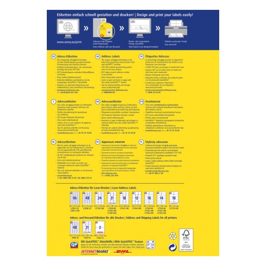 A kép egy promóciós bannert mutat be az Avery címkenyomtatási megoldásaihoz több nyelven. Kiemeli olyan jellemzőket, mint az egyedi nyomtatási technológia, az erős címke anyag és a tippek az optimális címkenyomtatáshoz. Különböző dizájnsablonok és méretek az címzési és szállítási címkékhez is fel vannak sorolva, valamint az ügyfélszolgálati elérhetőségek.