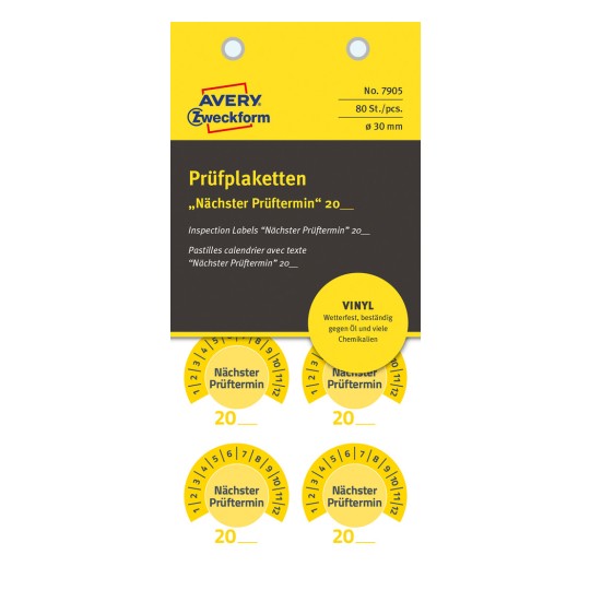 Csomagolási kép: Avery Zweckform nem A4-es vizsgálati matricák, cikk: 7905, formátum: ⌀ 30 mm, tartalom: 80 vizsgálati matrica / 10 lap, 8 vizsgálati matrica/lap.