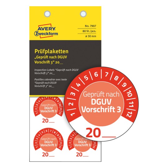 Csomagolási kép címkével: Avery Zweckform vizsgálati címkék, Cikk: 7907, Formátum: ⌀ 30 mm, Tartalom: 80 vizsgálati címke / 10 ív, 8 vizsgálati címke/ív?