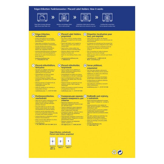 A kép táblatartókról szóló információkat tartalmaz, részletezve azok funkcionalitását, használatát és tervezési előírásait több nyelven. Tartalmaz leírásokat a előnyomott címketartókról, azok előnyeiről és az ügyfélszolgálat elérhetőségi adatait.