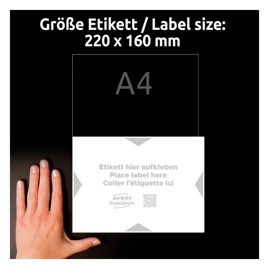 A kép egy 220 x 160 mm méretű címkesablont jelenít meg. Több nyelven tartalmaz utasításokat arról, hová kell elhelyezni a címkét, valamint egy kéz is látható a méret jelzésére. A címke Avery Zweckform márkájú.