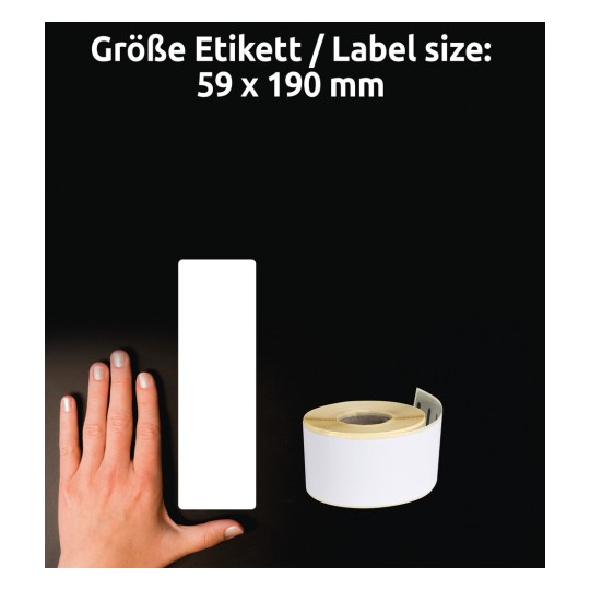 A kép egy kéz látható egy üres címke és egy tekercs címke mellett. A címke mérete 59 x 190 mm.